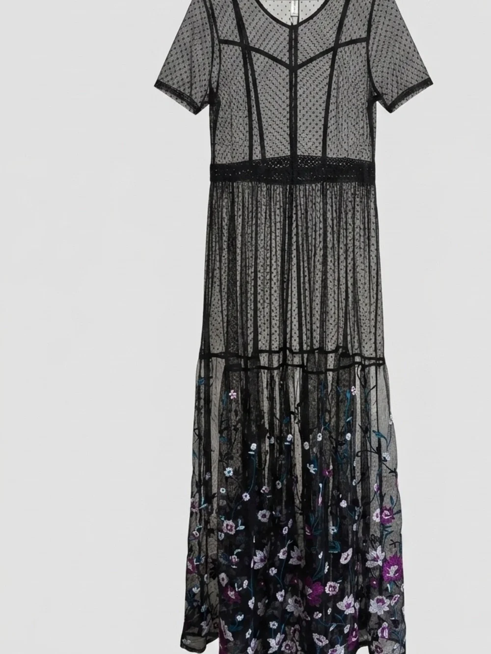 Black Floral Mesh Maxi Dress Size Large Sheer Embroidered Overlay Kimono Style